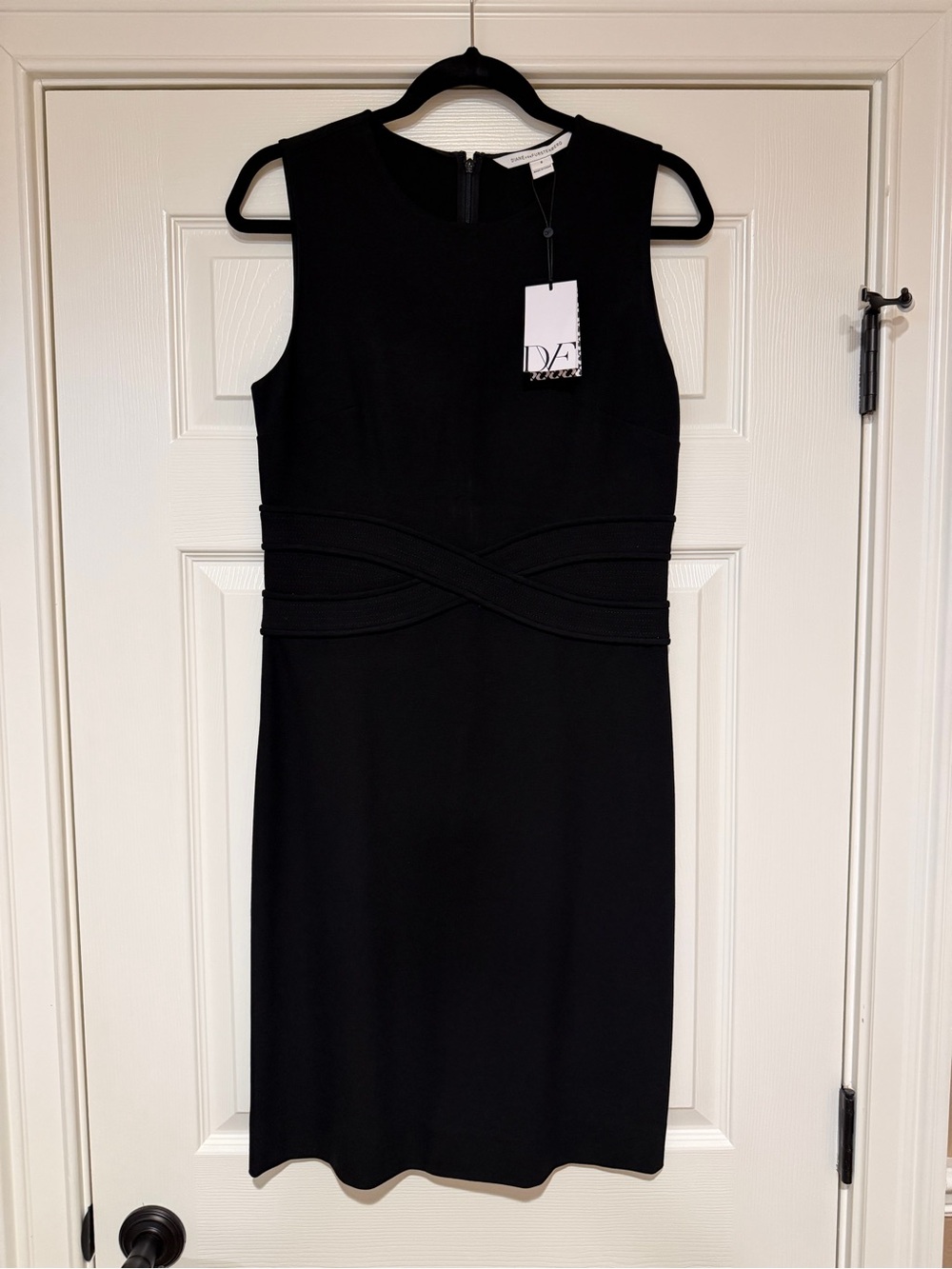 Diane Von Furstenberg Black Sleeveless Midi Sheath Dress with Waist Detail; NWT